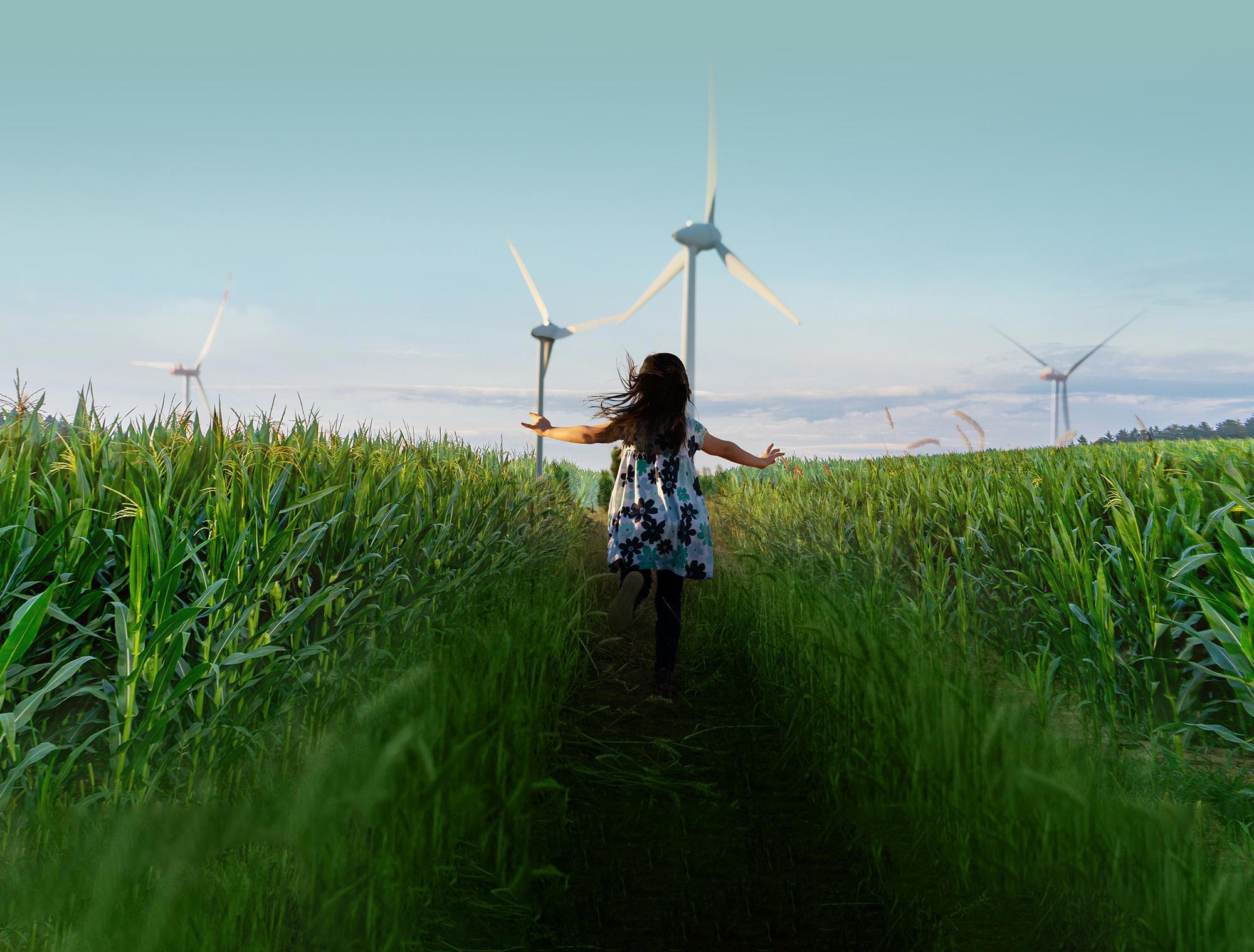 kid running towards windmill through green paddy field